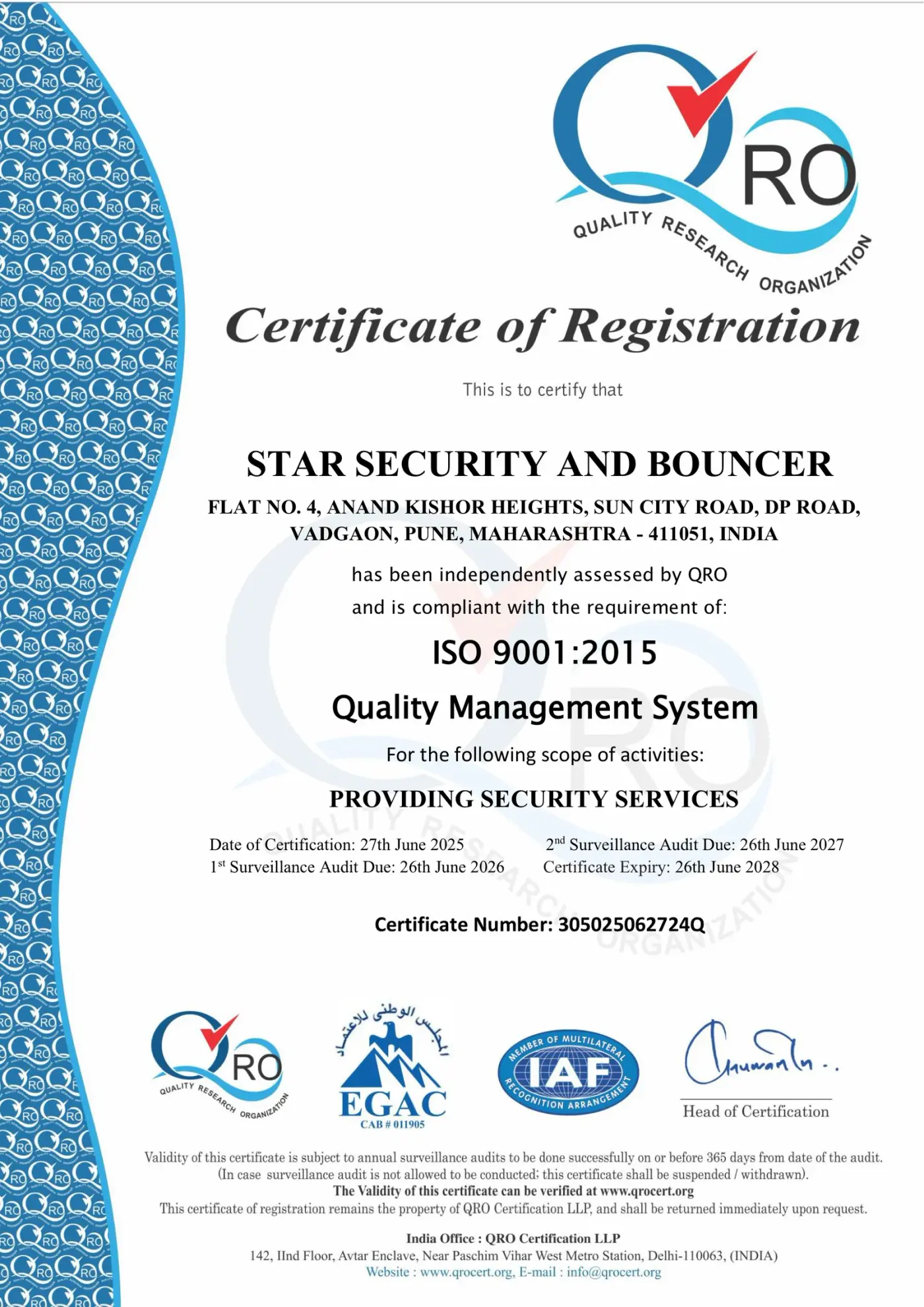 Star Security & Bouncer — ISO 9001:2015 certificate
